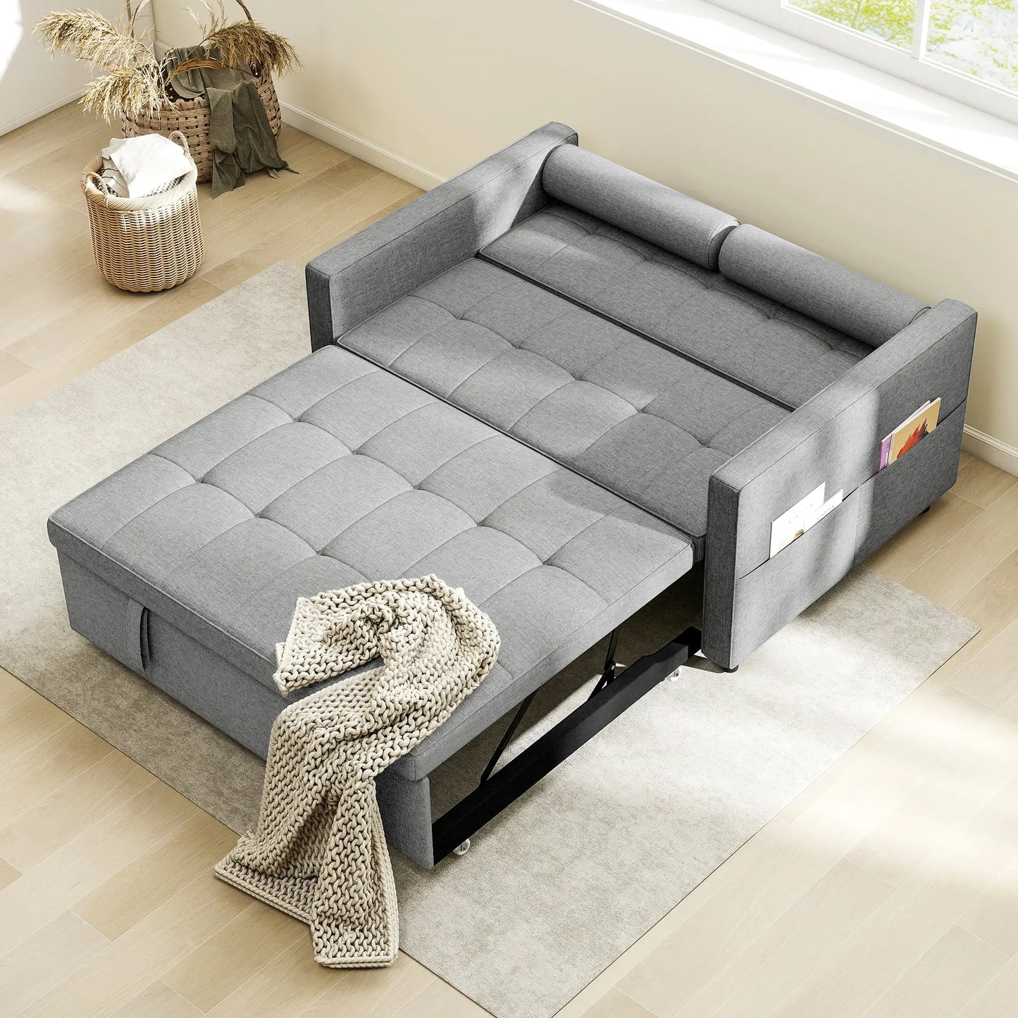 Pull Out Sofa Bed, Sleeper Couch with USB, Small Linen Loveseat, Grey 2-Seater Sofas at Gallery Canada