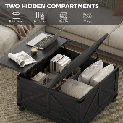 Lift Top Coffee Table, 32" Farmhouse Style, Hidden Compartment, Black Wood Grain, Black