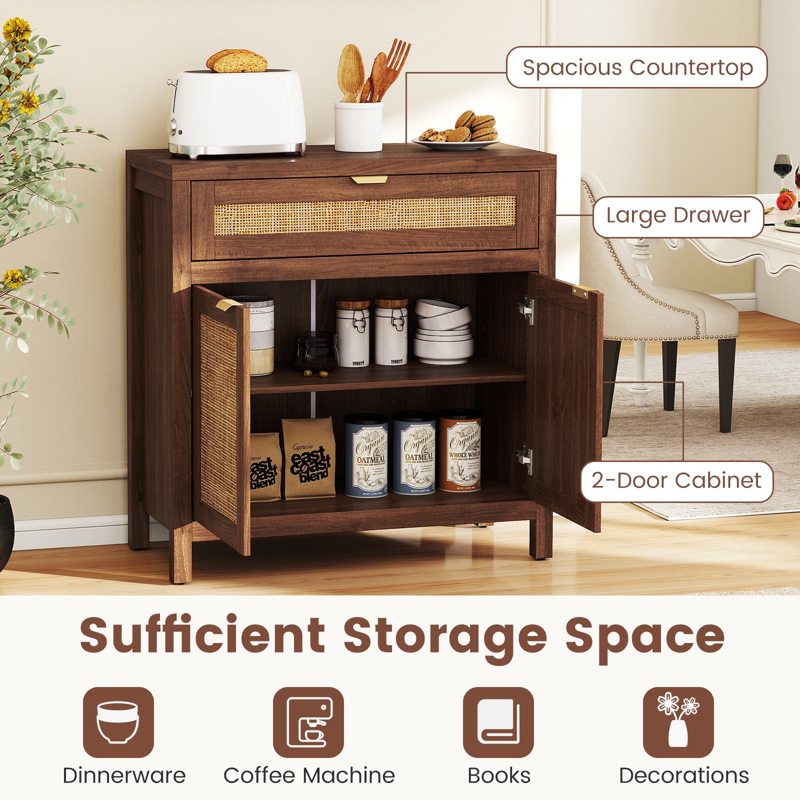 Sideboard Storage Cabinet with Rattan Doors and Drawer, Brown Sideboards Cabinets & Buffets at Gallery Canada