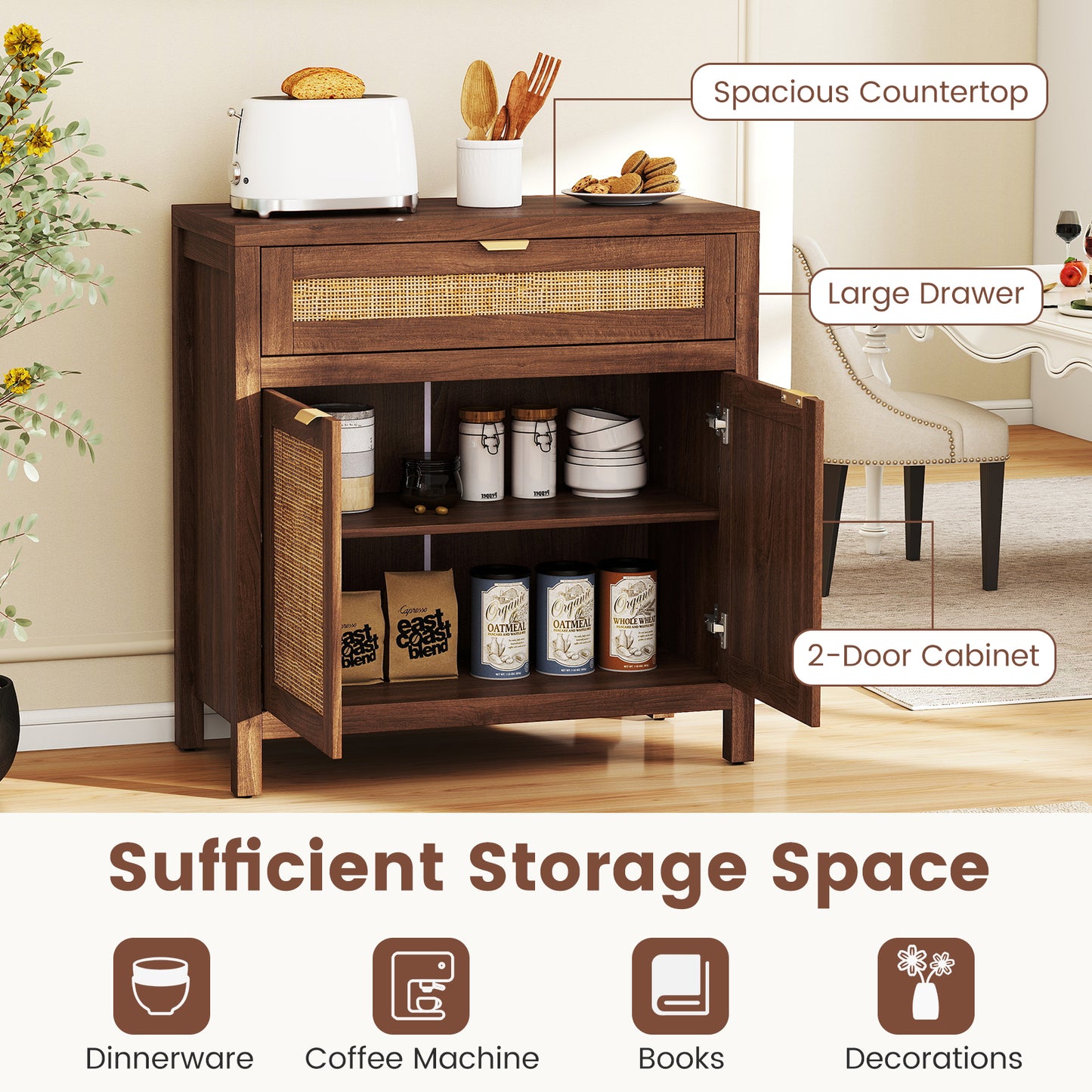 Sideboard Storage Cabinet with Rattan Doors and Drawer, Brown Sideboards Cabinets & Buffets at Gallery Canada