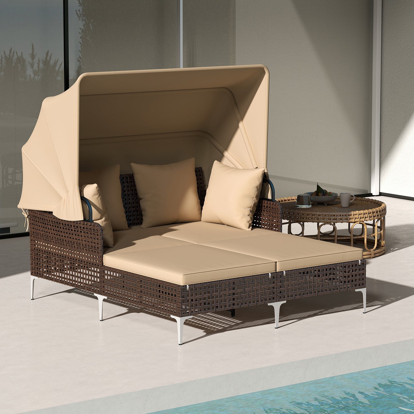 Outdoor Daybed with Retractable Canopy PE Wicker Rattan Patio Lounger, Brown Outdoor Chaise Lounges at Gallery Canada