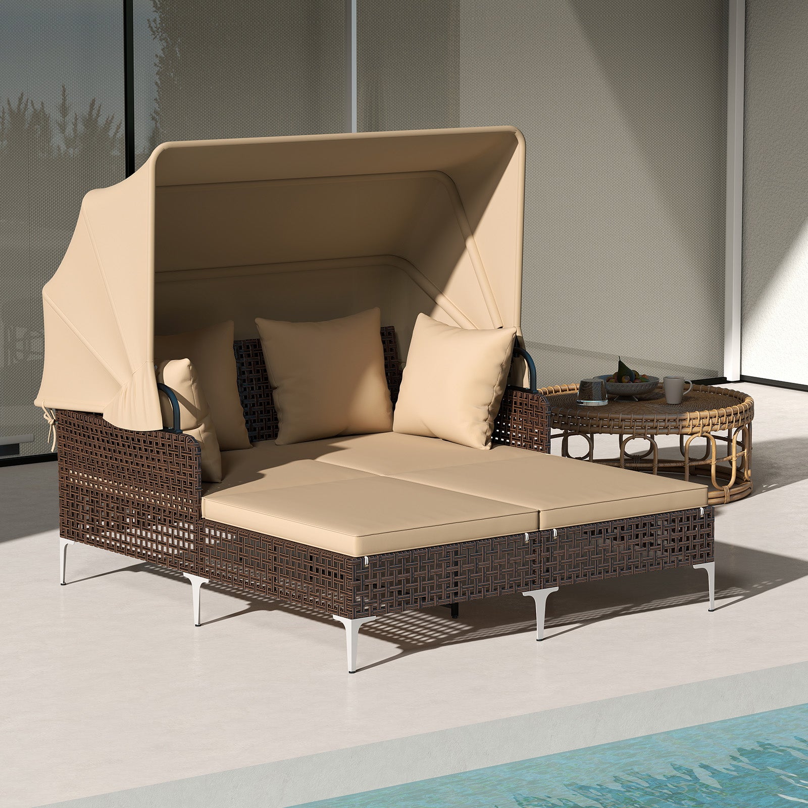 Outdoor Daybed with Retractable Canopy PE Wicker Rattan Patio Lounger, Brown Outdoor Chaise Lounges at Gallery Canada