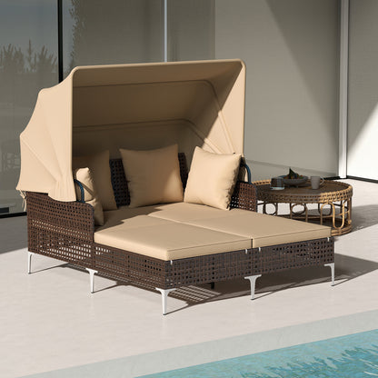 Outdoor Daybed with Retractable Canopy PE Wicker Rattan Patio Lounger, Brown Outdoor Chaise Lounges at Gallery Canada