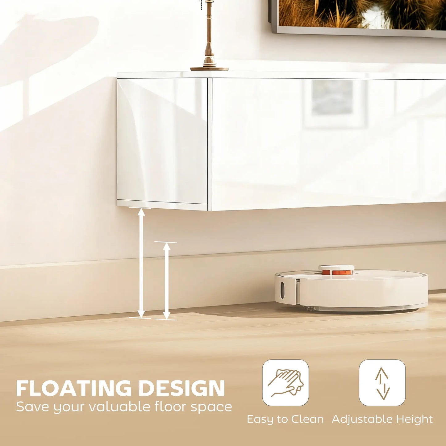 Floating TV Stand For 75 Inch TVs, 70.9 Inch Cabinet, High Gloss White, White TV Stands at Gallery Canada
