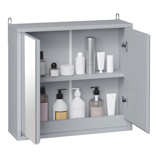 Wall Mounted Bathroom Medicine Cabinet Mirrored Cabinet with Hinged Door 2-Tier Storage Shelves Grey - Gallery Canada