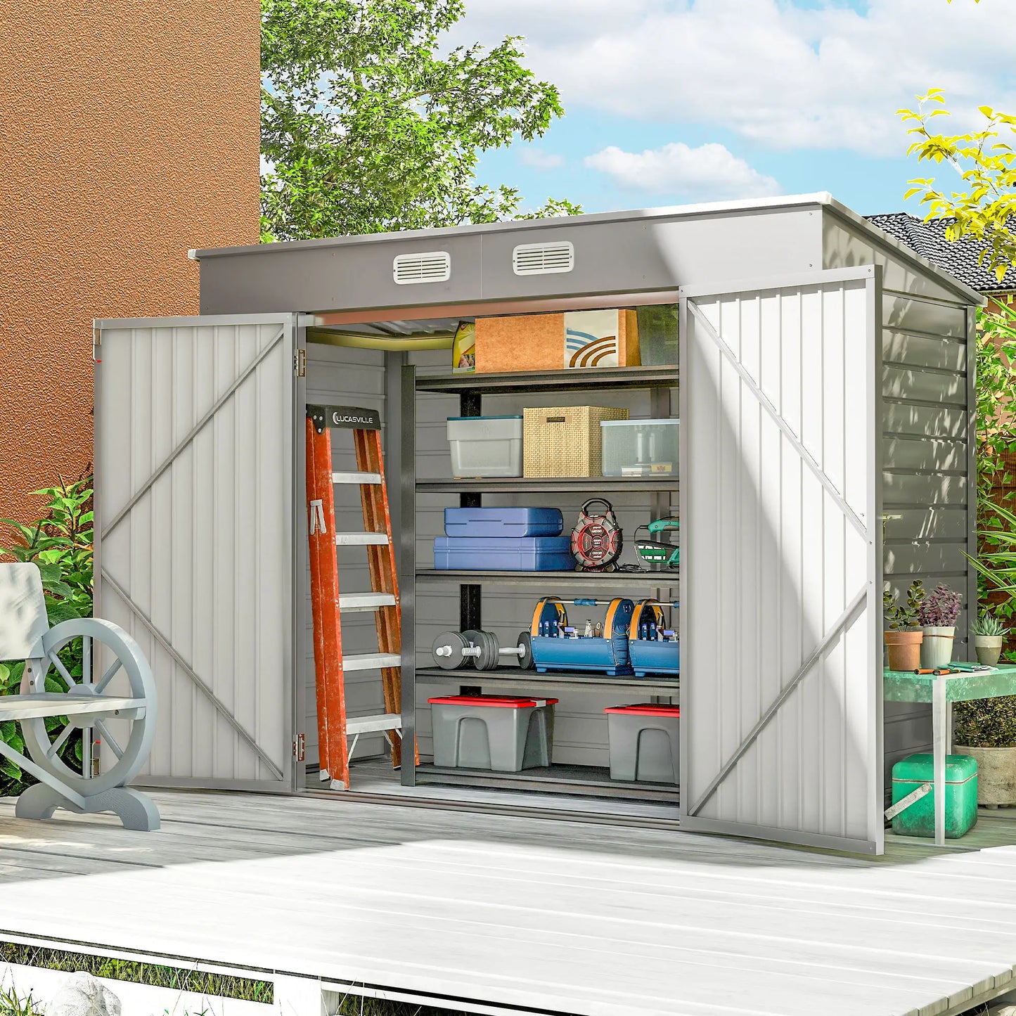 8 x 4FT Galvanized Garden Storage Shed, Metal Outdoor Shed, Light Grey