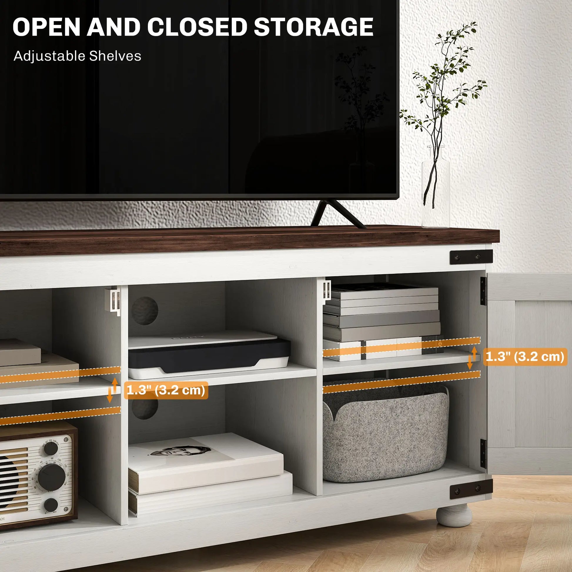 Farmhouse TV Stand for 50" TV, Barn Doors, Cable Management, Distressed White, White TV Stands at Gallery Canada