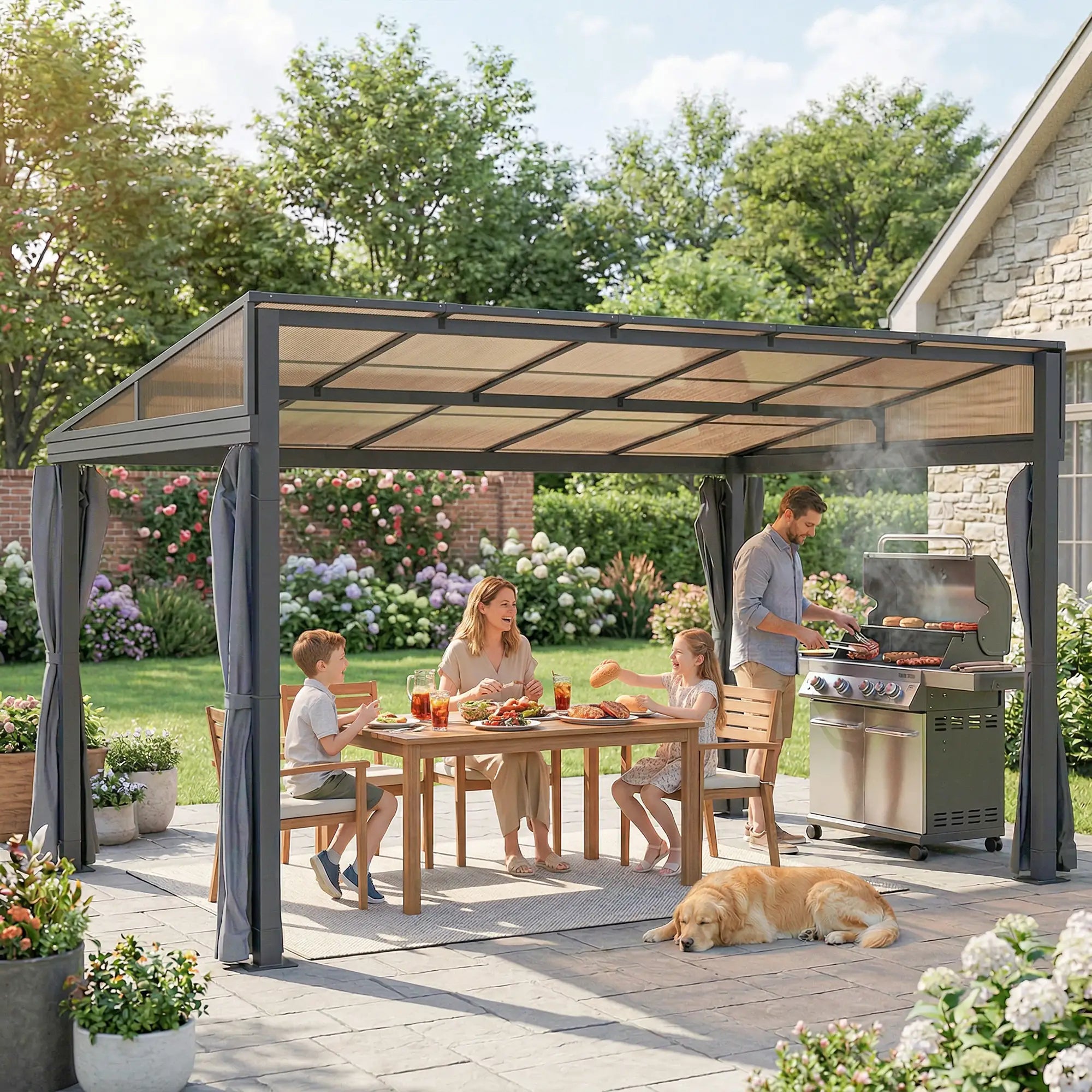 10' X 13' Outdoor Hardtop Pergola, UV Protection With Curtains Pergolas at Gallery Canada