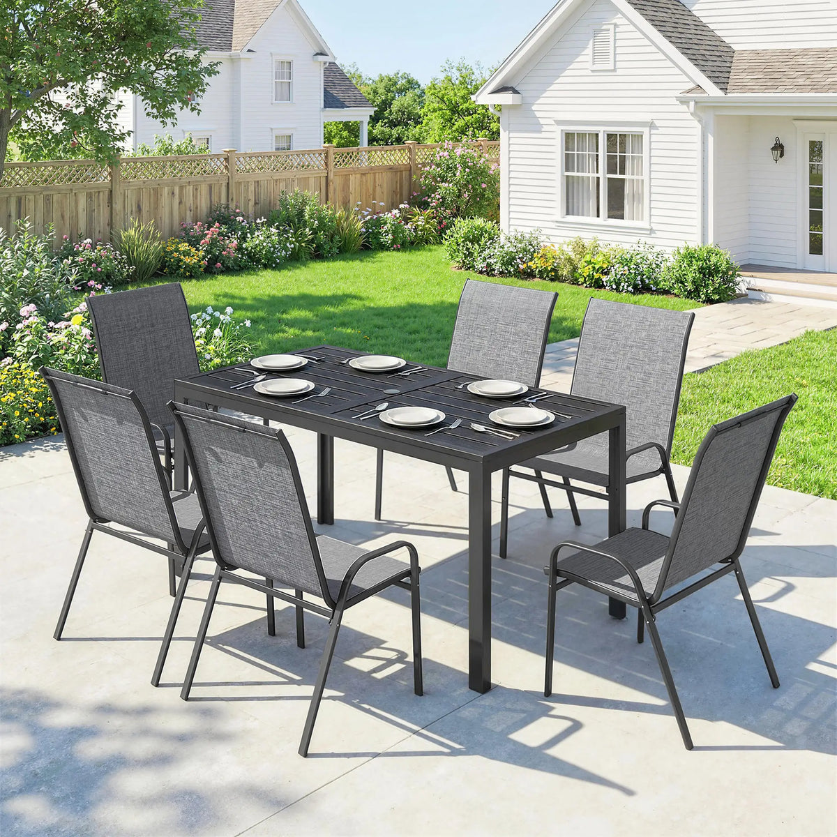Outdoor Dining Set For 6, Faux Wood Metal Patio Table, Mesh Stackable Chairs, Mixed Grey