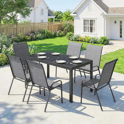 Outdoor Dining Set For 6, Faux Wood Metal Patio Table, Mesh Stackable Chairs, Mixed Grey