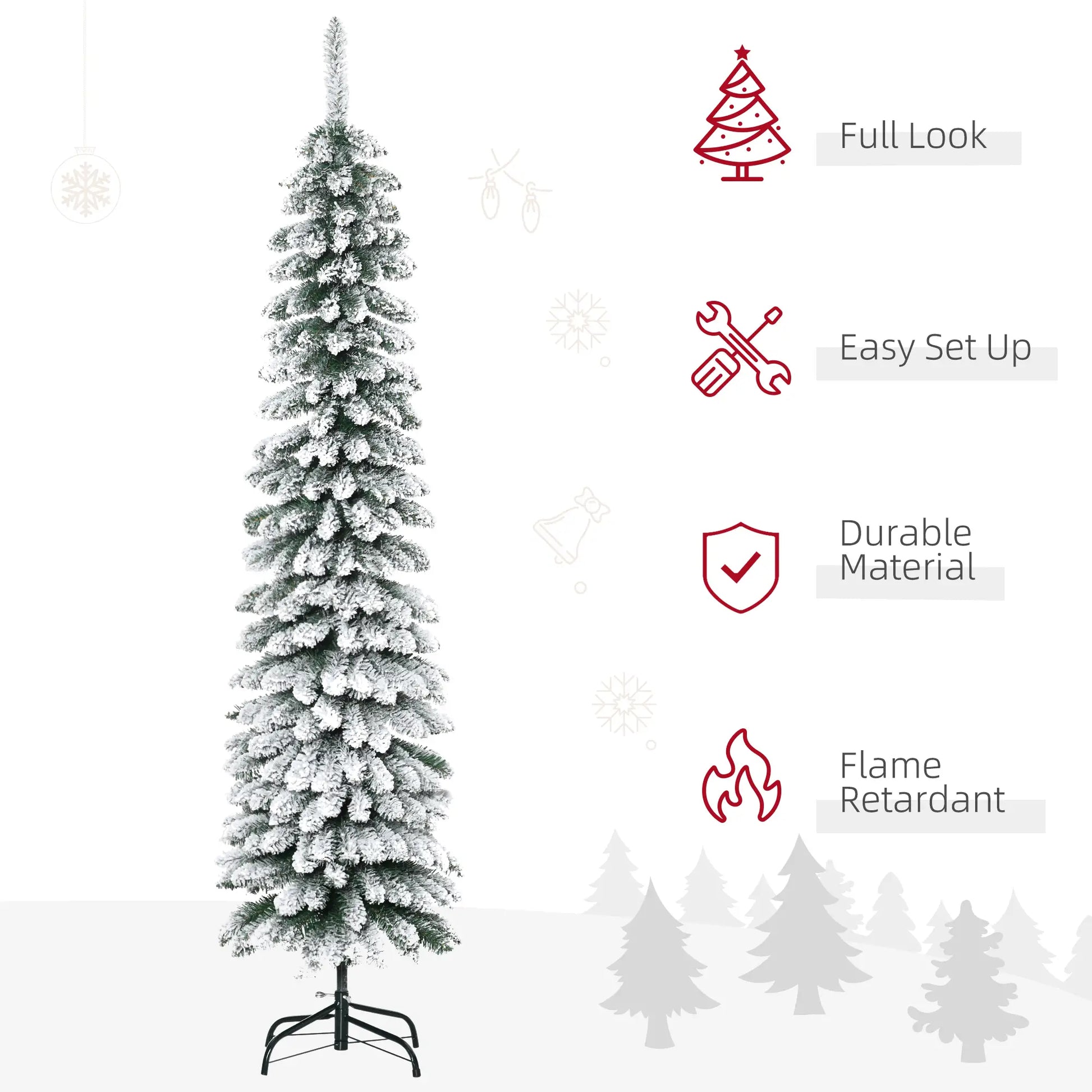 6 Ft Snow-Flocked Artificial Christmas Tree, Slim Pencil, Metal Base, Green Artificial Christmas Trees at Gallery Canada