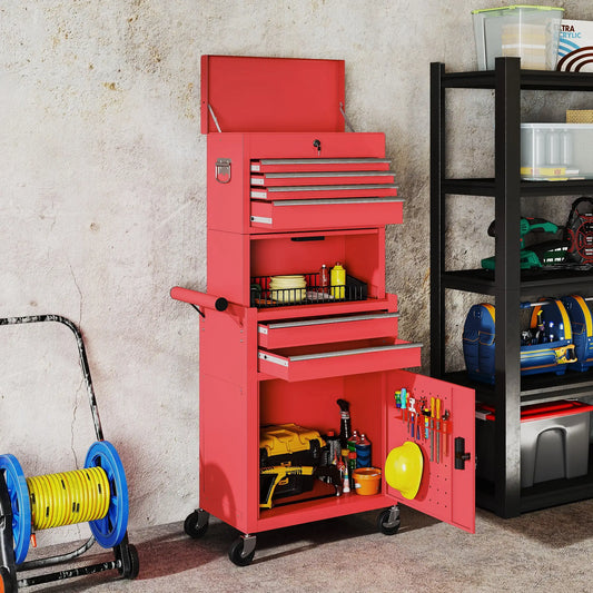 Grande armoire à outils, coffre roulant 3-en-1, organisateur de rangement avec 6 tiroirs, Rouge