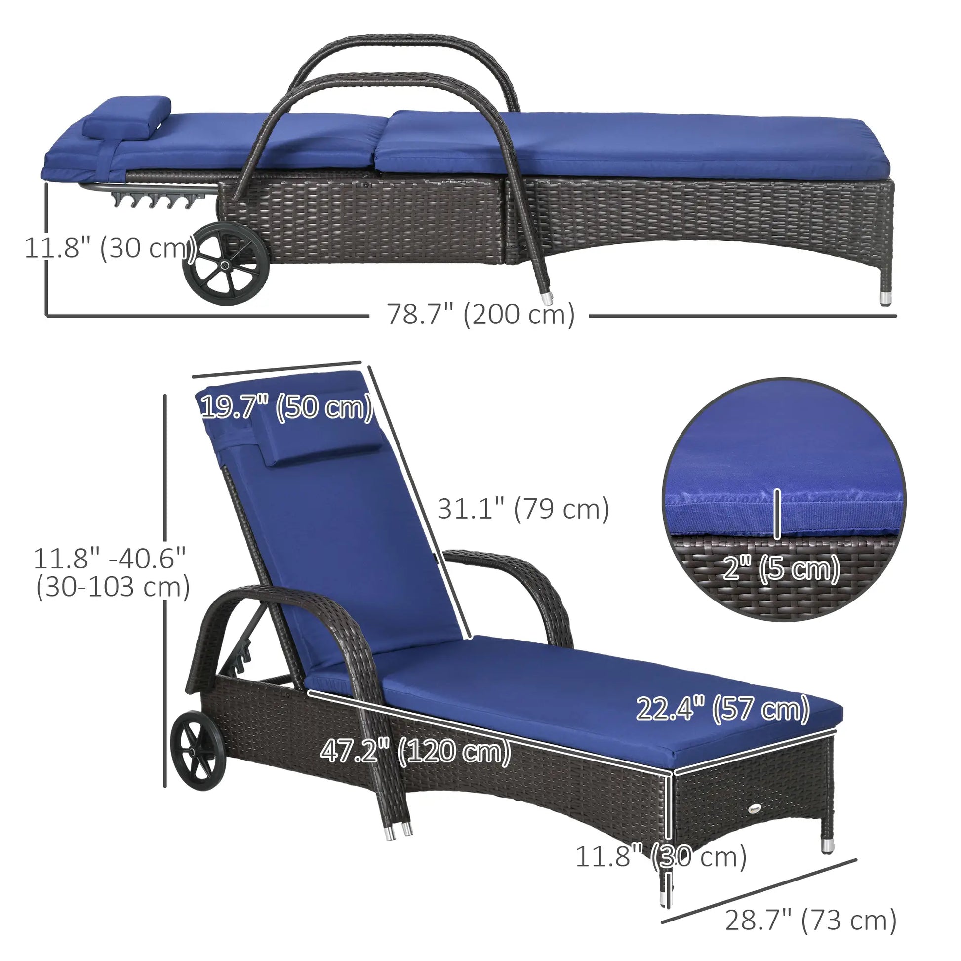 Outdoor Lounger, Deck Chair with Headrest, 5-Level Adjustable, Deep Coffee, Navy Blue Chaise Loungers at Gallery Canada