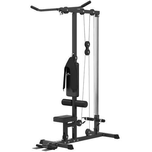 Lat Pull Down Machine, High Low Pulley, Adjustable Seat, Flip-Up Footplate, Black