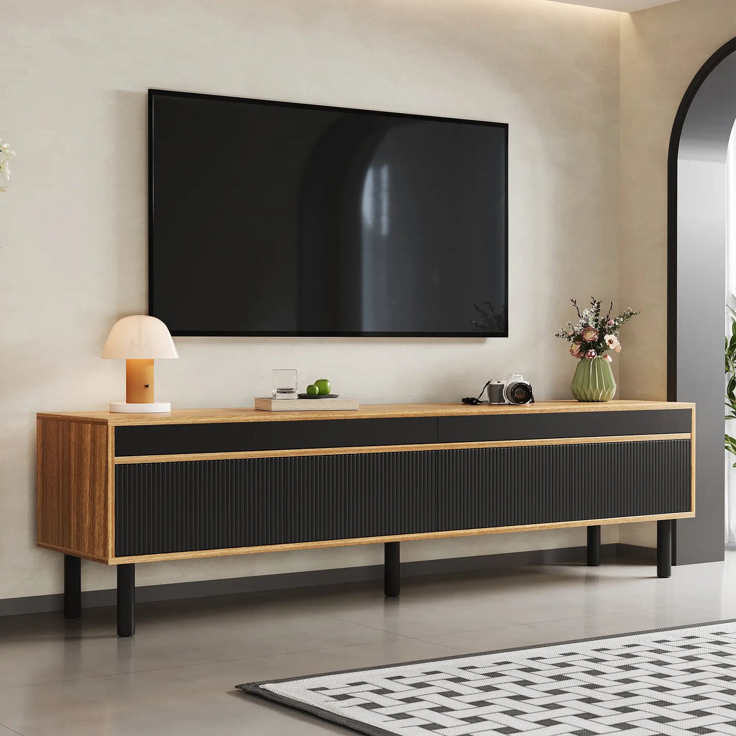 Elegant Stripe Design Stand, Sturdy Wooden Legs, 3 Doors, 67" L x 15" W x 18.5" H, Natural, Black TV Stands at Gallery Canada