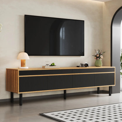 Elegant Stripe Design Stand, Sturdy Wooden Legs, 3 Doors, 67" L x 15" W x 18.5" H, Natural, Black TV Stands at Gallery Canada