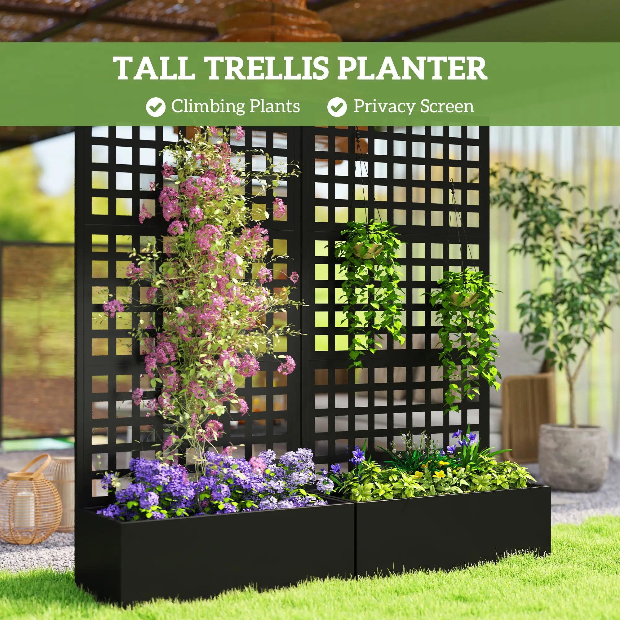 Galvanized Raised Garden Bed, Trellis for Climbing Plants, 35