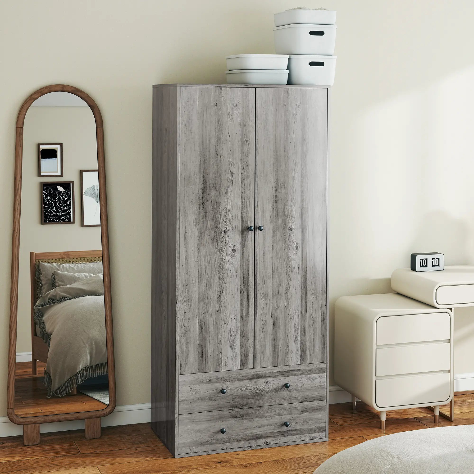 Modern Wardrobe Closet, 2 Drawers, Hanging Rod, Grey Clothing Storage at Gallery Canada