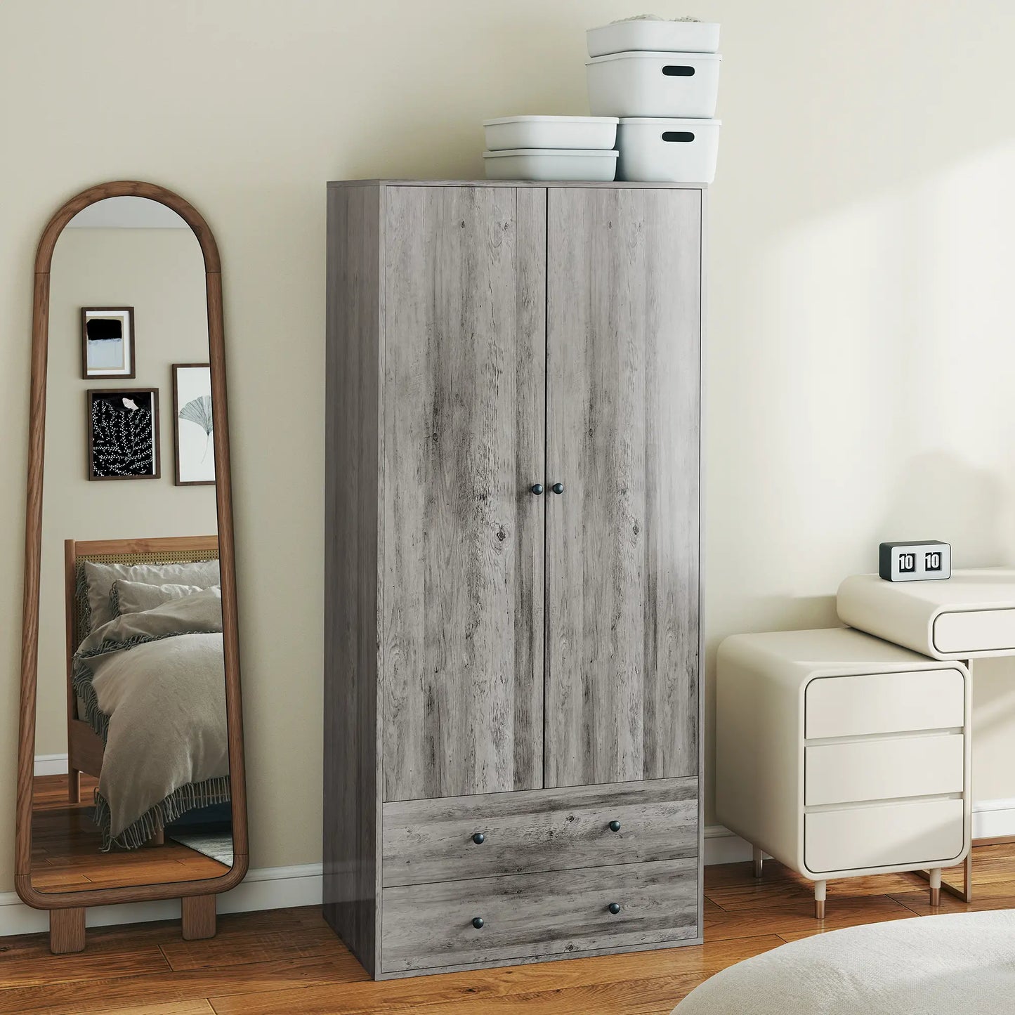 Modern Wardrobe Closet, 2 Drawers, Hanging Rod, Grey Clothing Storage at Gallery Canada