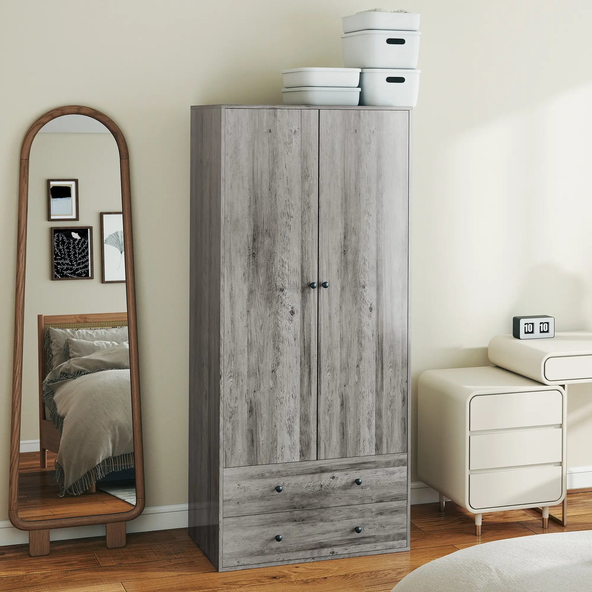 Modern Wardrobe Closet, 2 Drawers, Hanging Rod, Grey Clothing Storage at Gallery Canada