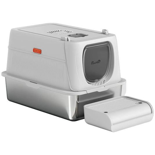 XL Stainless Steel Cat Litter Box, Flip Cover, Pedal, Deodorizer Cat Litter Box Enclosures Light Grey at Gallery Canada