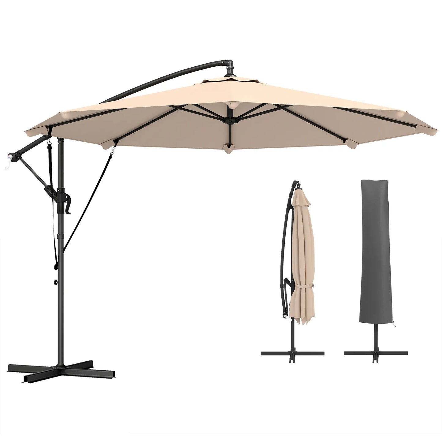 10FT Cantilever Patio Umbrella, 8 Ribs With Cover, Wind Ropes, Khaki Offset Cantilever Umbrellas Khaki, Black at Gallery Canada