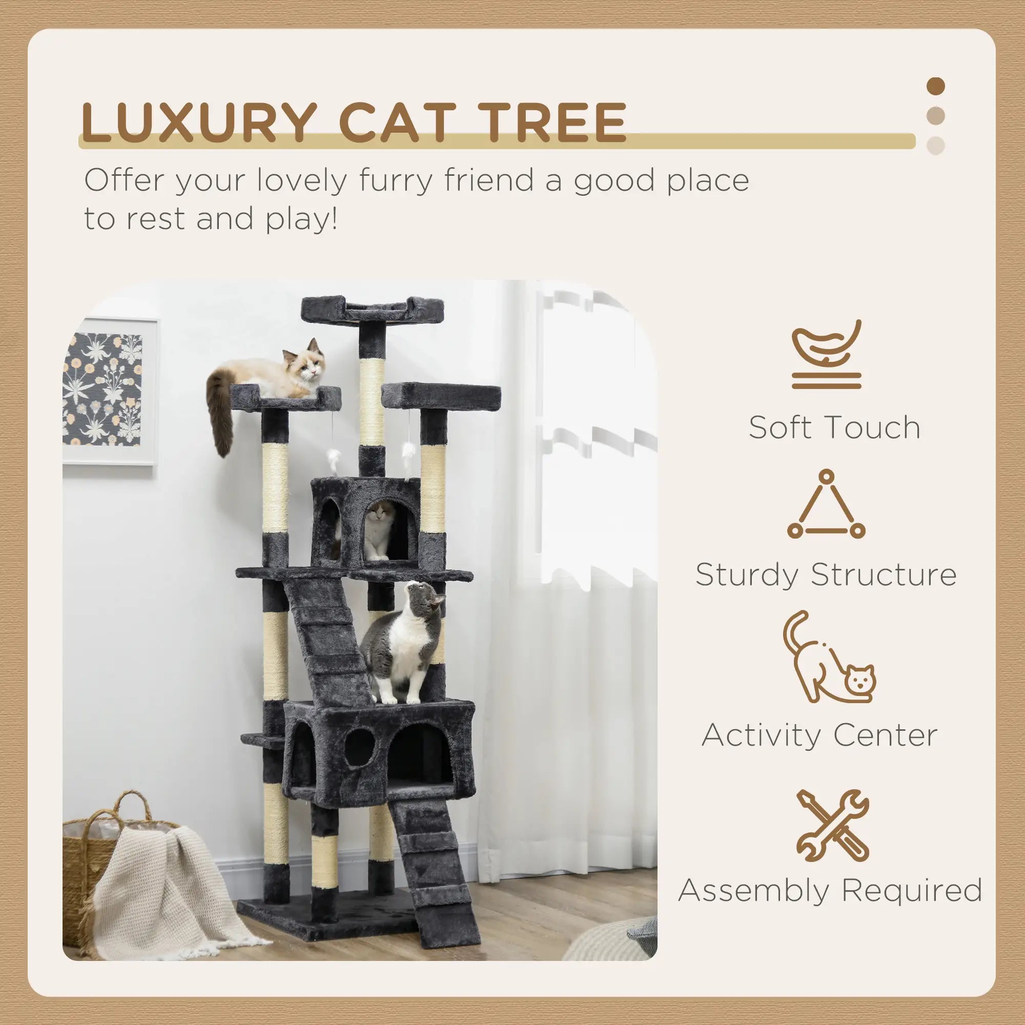 68-Inch Multi-Level Cat Scratching Tree, Kitty Activity Center, Charcoal Grey Cat Trees at Gallery Canada