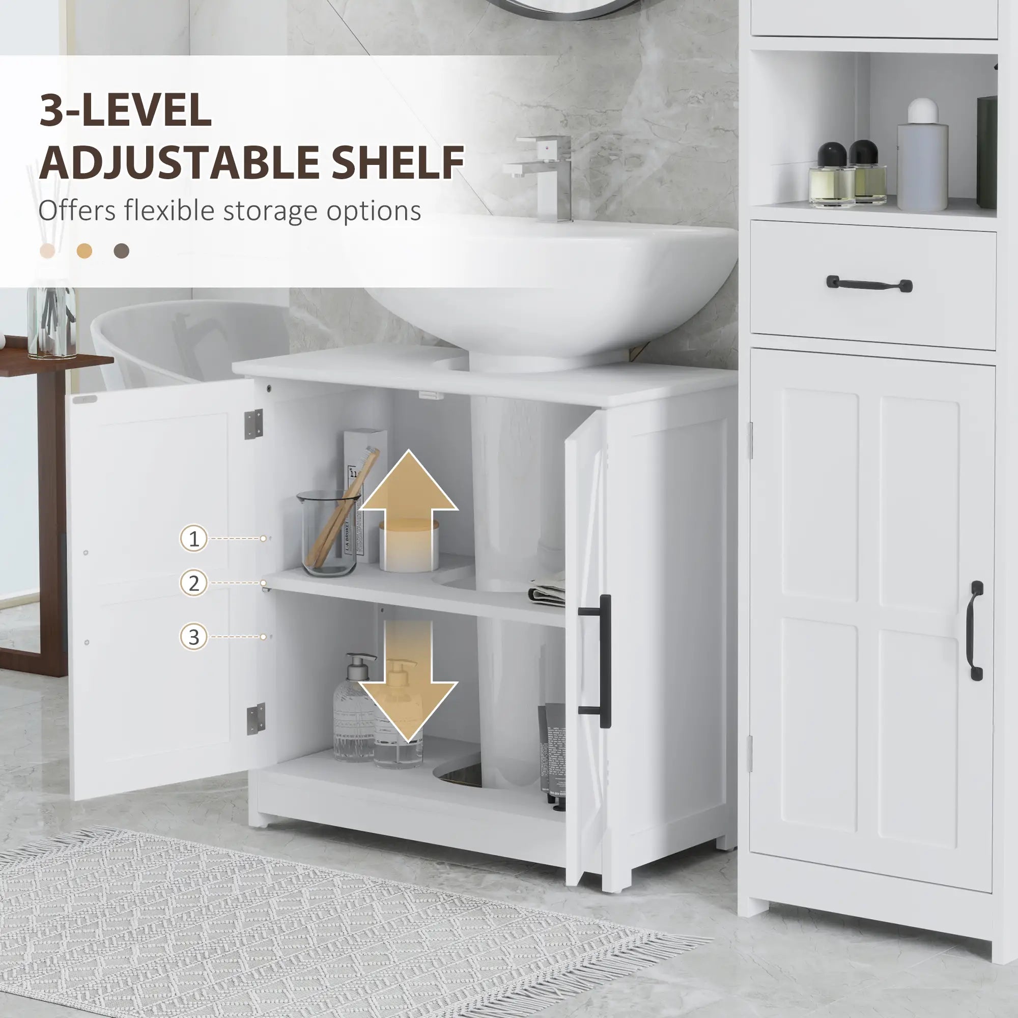 Farmhouse Pedestal Sink Cabinet, Bathroom Storage with 2 Barn Doors, Adjustable Shelf, White Bathroom Cabinets at Gallery Canada