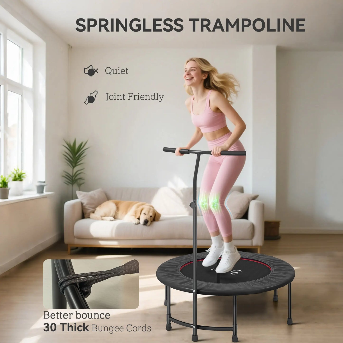 39" Mini Exercise Trampoline, Adjustable T-Bar, Indoor Fitness Rebounder, Black Trampolines at Gallery Canada