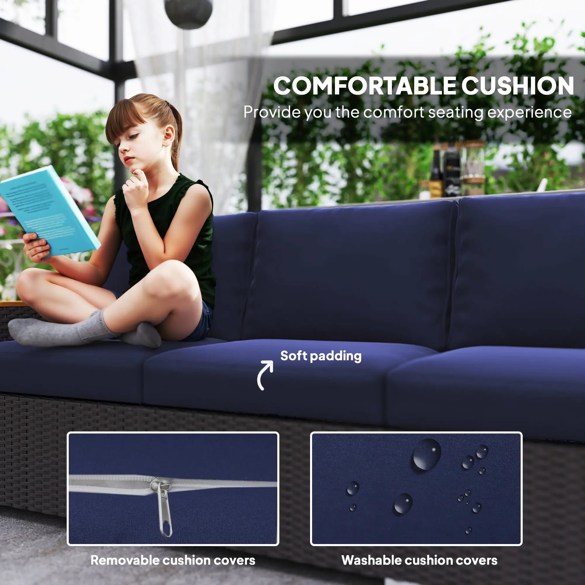 3-Seater Outdoor Sofa, PE Wicker Patio Sofa With Cushions, Dark Blue Patio Furniture Sets at Gallery Canada