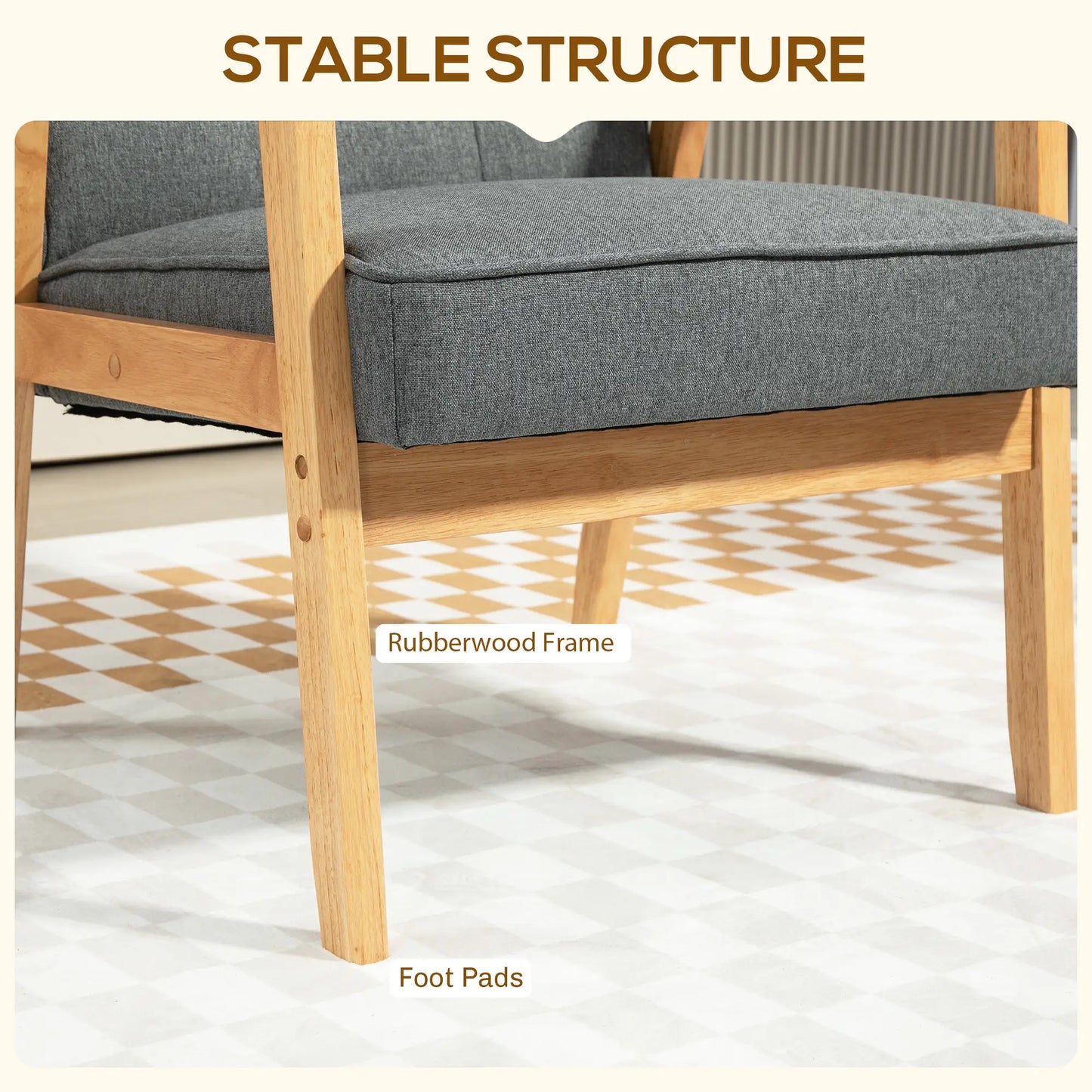 Modern Accent Chair with Button Tufted Back, Line-feel Fabric Armchair with Solid Wood Frame for Bedroom, Grey Accent Chairs at Gallery Canada