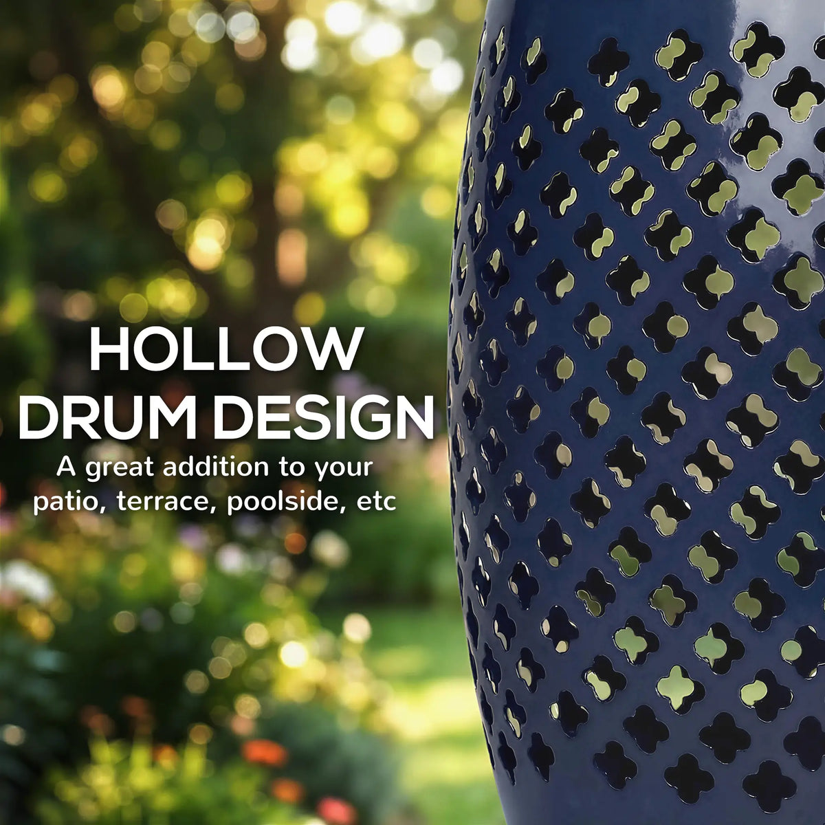12" Steel Round Hollow Drum Side Table, Navy Blue Patio Side Tables at Gallery Canada