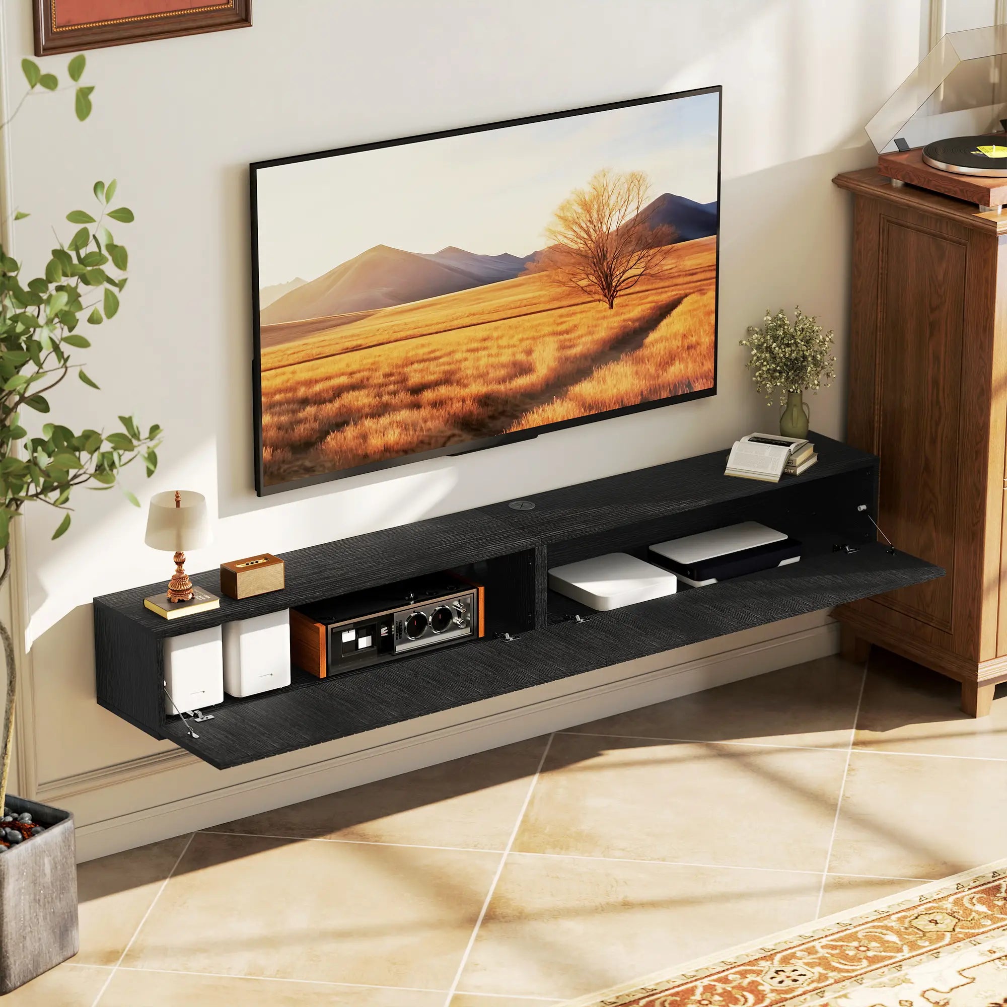 71 Inch Floating TV Stand, Wall Mount Media Console, 2 Fluted Doors, Black TV Stands at Gallery Canada