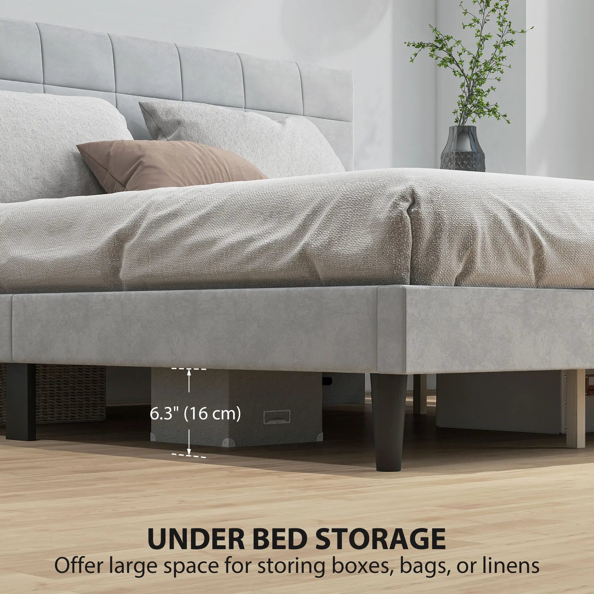 King Size Bed Frame, Upholstered Headboard, Wood Slats, 1100 lbs, Grey Bed Frames at Gallery Canada
