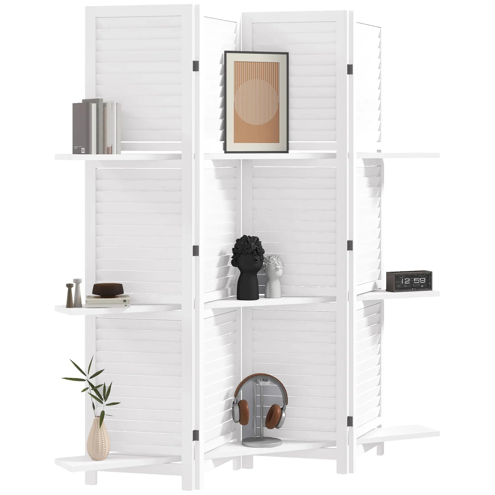 4-Panel Wall Partition, 3 Storage Shelves, Foldable, Wooden Frame, 5.6FT, White Room Dividers at Gallery Canada