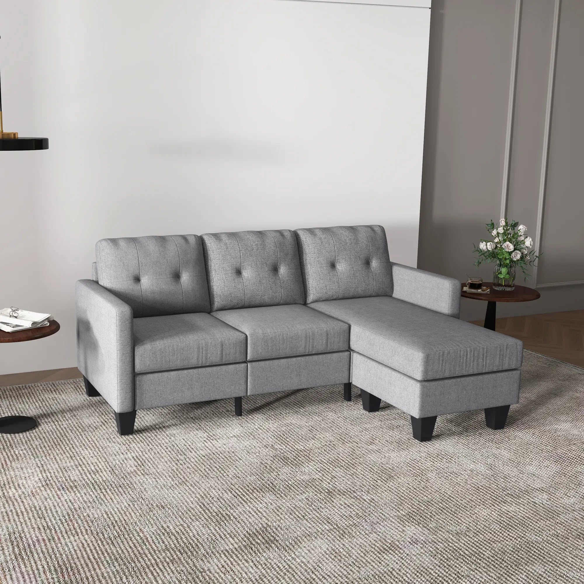 L-Shaped Sofa, 3 Seater with Ottoman, Thick Padded Cushion, Light Grey 3-Seater Sofas at Gallery Canada