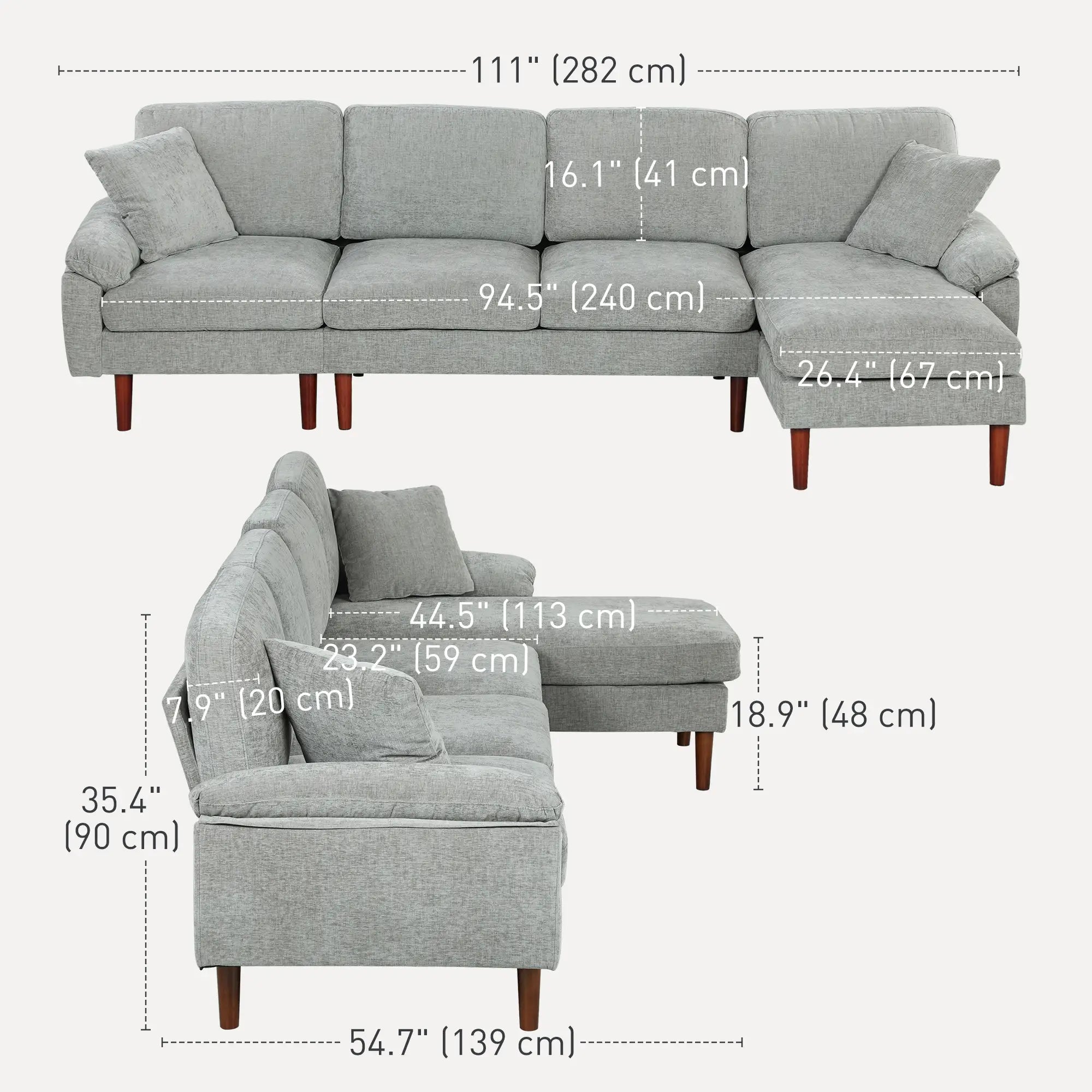 L-Shape Sofa, Modern Sectional Couch with Chaise Lounge, Grey 3-Seater Sofas at Gallery Canada