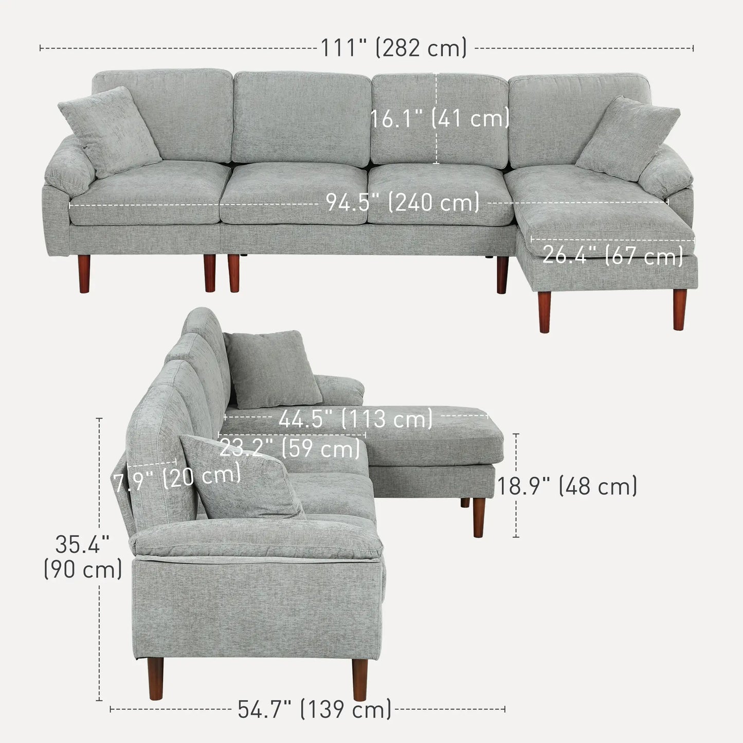 L-Shape Sofa, Modern Sectional Couch with Chaise Lounge, Grey 3-Seater Sofas at Gallery Canada