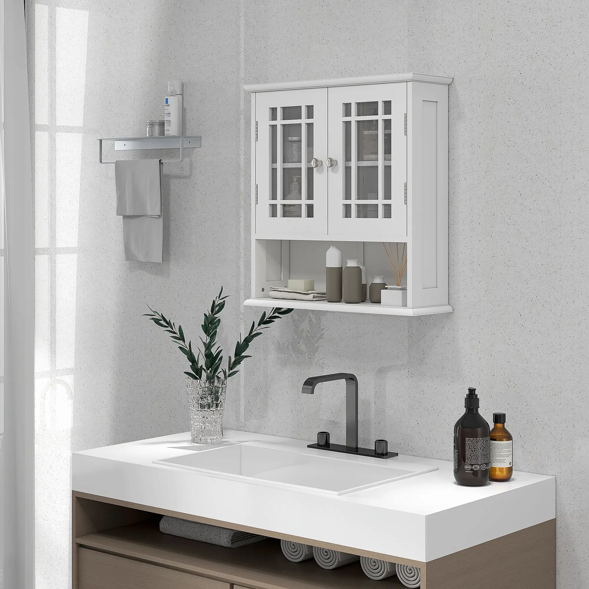 Modern Wall Mount Bathroom Cabinet, Storage Organizer with 2 Door Cabinet and Open Shelf, White Wall Mounted Cabinets at Gallery Canada