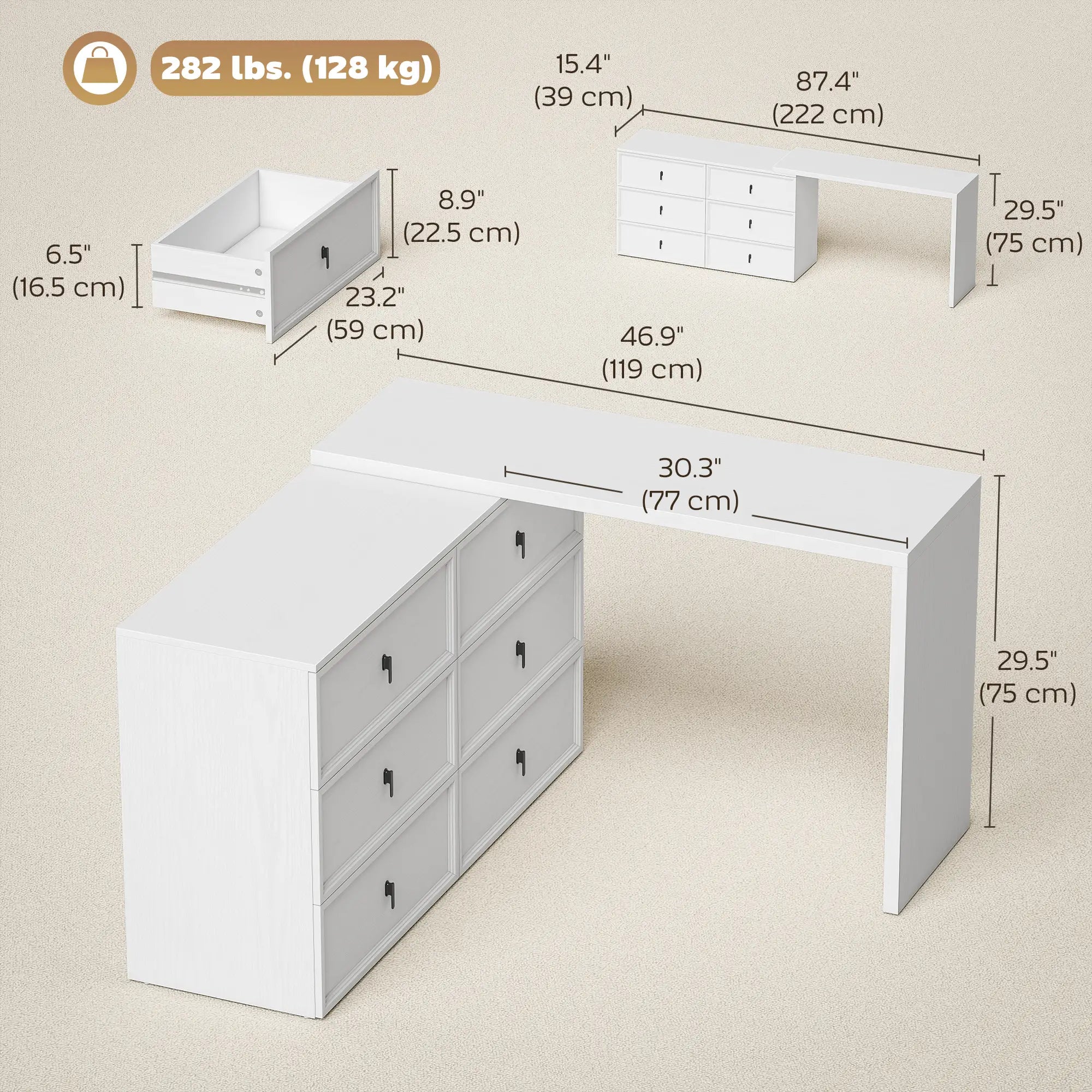 L Shaped Computer Desk, 6 Drawers, White Wood Grain, White Computer Desks at Gallery Canada