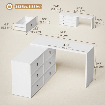 L Shaped Computer Desk, 6 Drawers, White Wood Grain, White Computer Desks at Gallery Canada