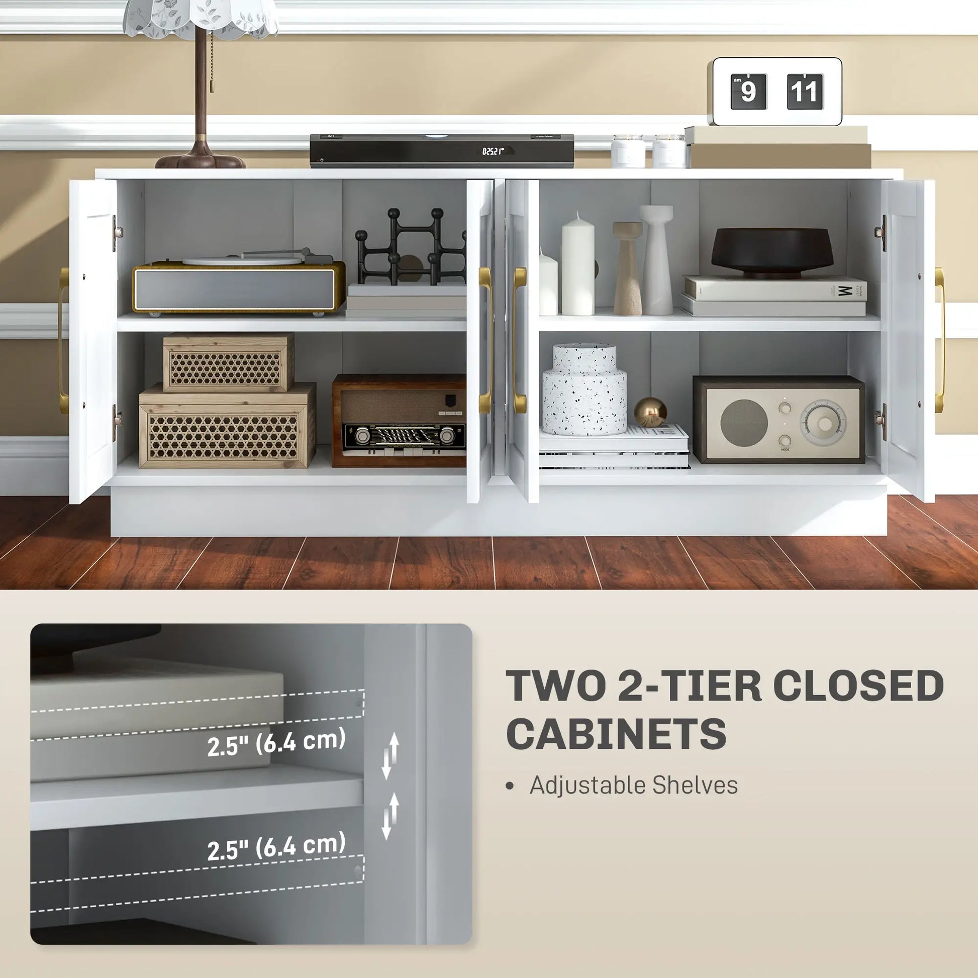 Modern TV Stand for 55" TV, Cabinet with 4 Doors, 2 Shelves, White TV Stands at Gallery Canada