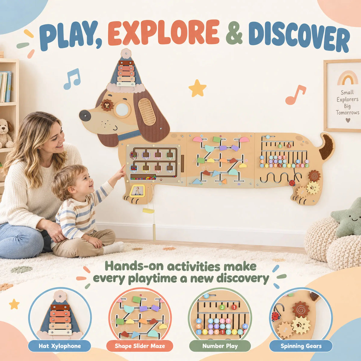 Tableau d'activités mural en bois, Panneau sensoriel Montessori, Teckel, Tout-petit