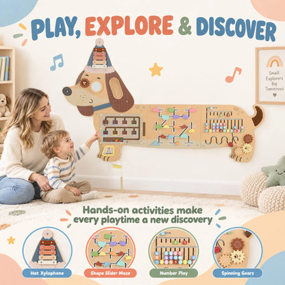 Tableau d'activités mural en bois, Panneau sensoriel Montessori, Teckel, Tout-petit