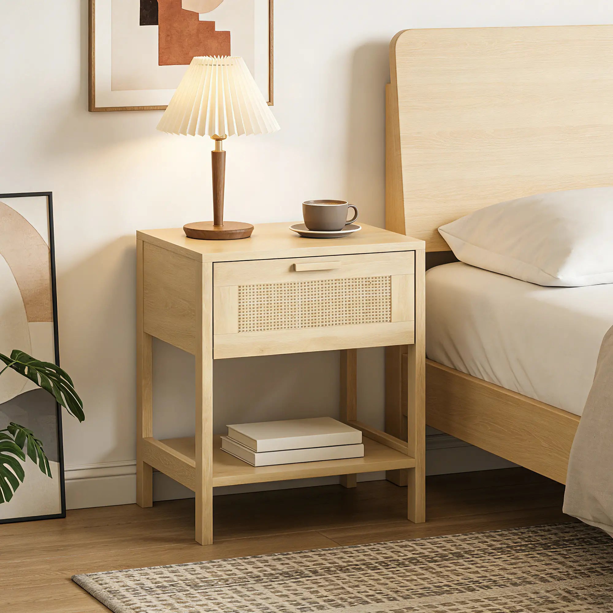 Narrow Nightstand With Rattan, Drawer And Shelf, Set Of 2, Natural Wood Bedside Tables at Gallery Canada