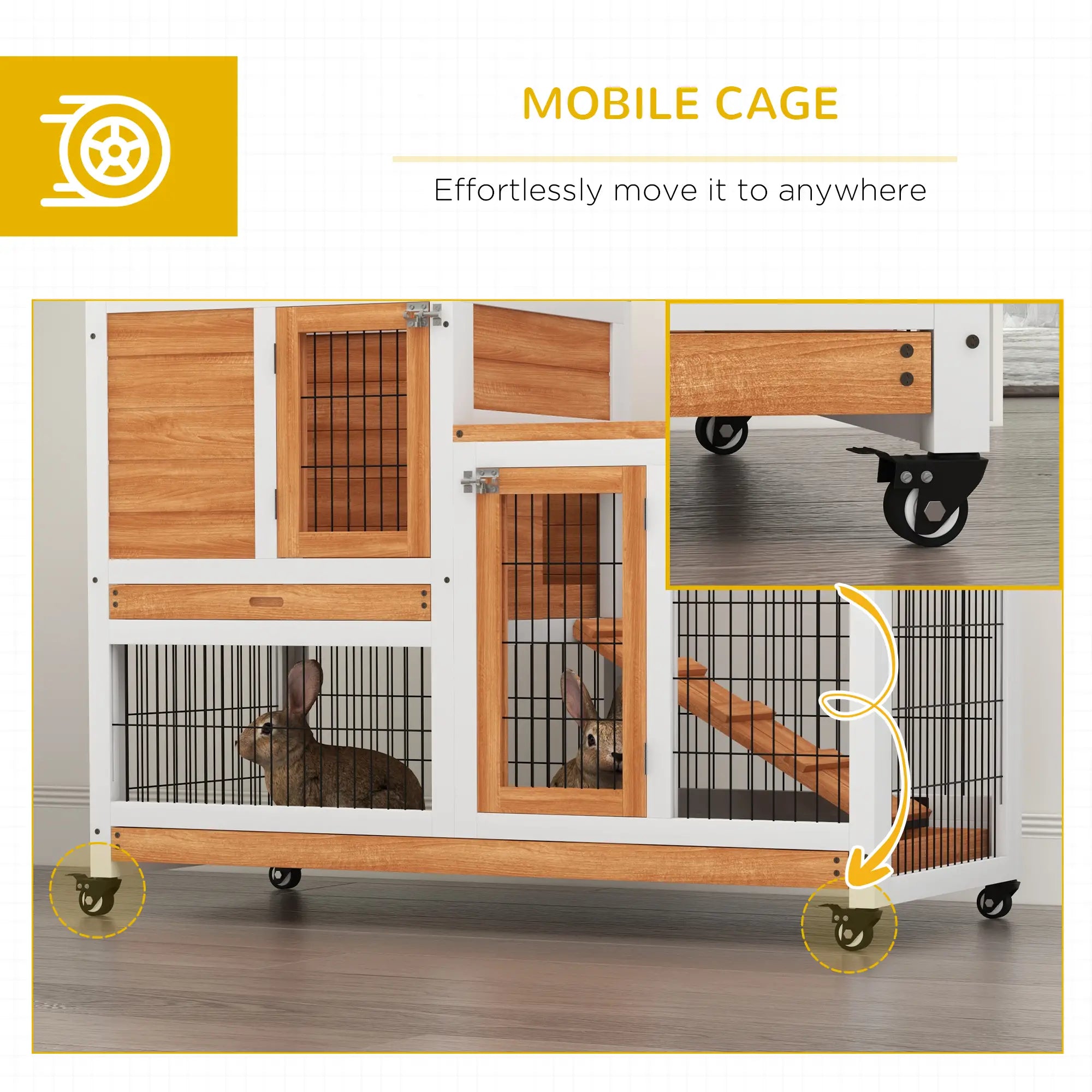 Wooden Rabbit Hutch, Indoor Bunny Cage with Wheels, Pull Out Trays, Yellow Rabbit Hutch at Gallery Canada