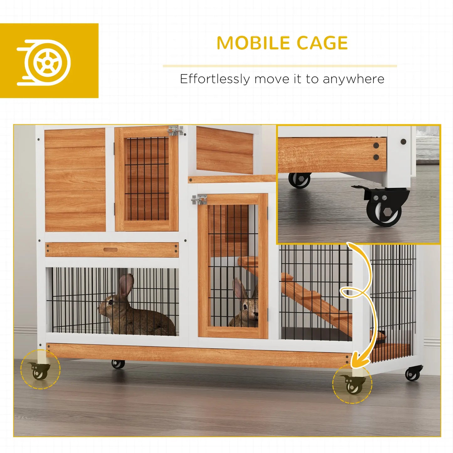 Wooden Rabbit Hutch, Indoor Bunny Cage with Wheels, Pull Out Trays, Yellow Rabbit Hutch at Gallery Canada