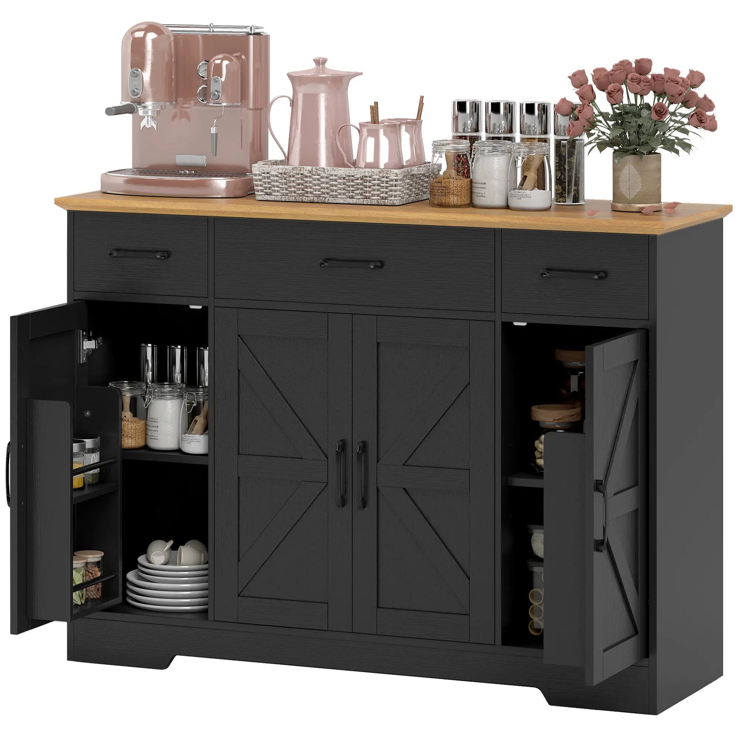 47" Buffet Cabinet, Farmhouse Sideboard, 3 Drawers, Adjustable Shelves, Black Bar Cabinets Black Wood Grain, Walnut at Gallery Canada
