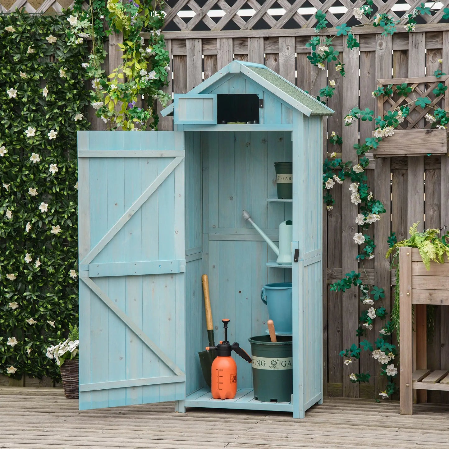 30" x 21" x 71" Garden Storage Shed, Outdoor Tool House, 3 Tier Shelves, Blue Sheds at Gallery Canada