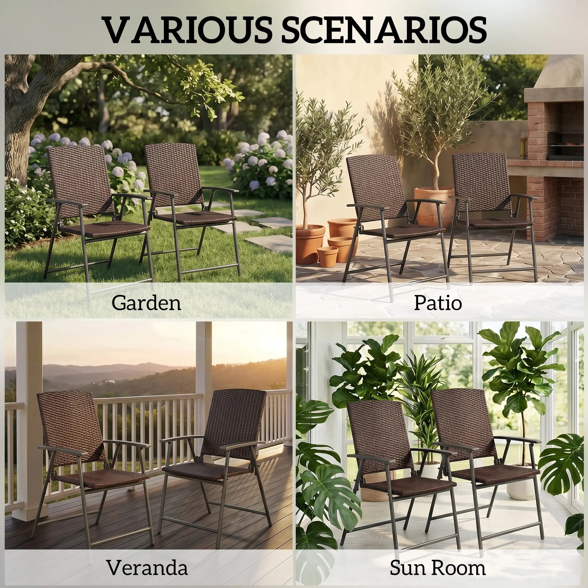Wicker Dining Chair Set of 2, Foldable Rattan, Steel Frame, Brown Patio Chairs at Gallery Canada